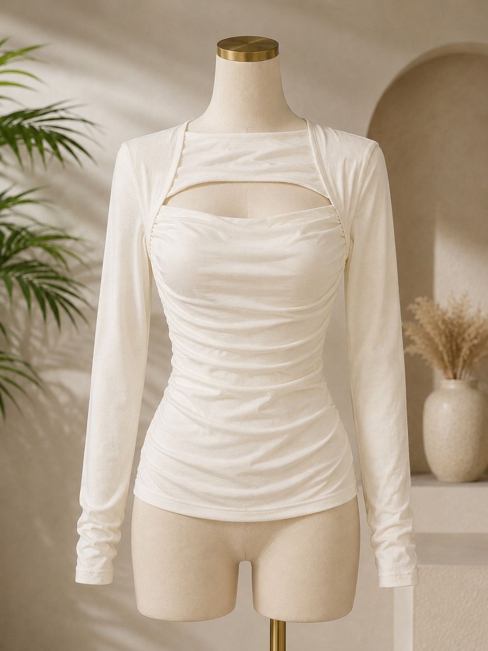Ivory Ruched Long Sleeve Cutout Top